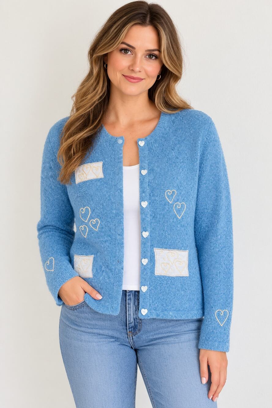 Vintage 2002 Christopher & Banks M Blue Heart Embroidered Ramie Cotton Cardigan